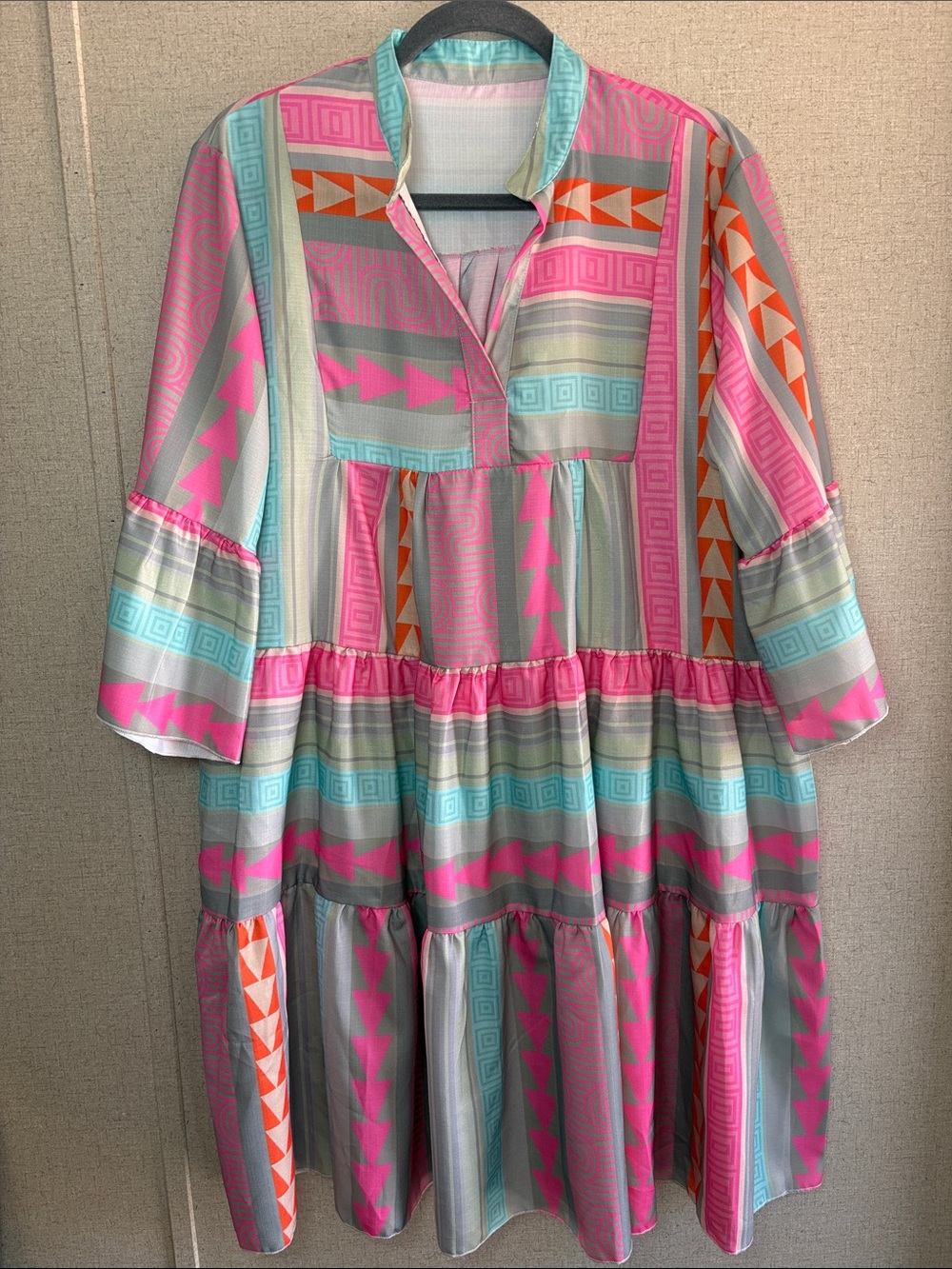 Boho Southwestern Aztec Linen Blend Tiered Midi Dress Pink Turquoise Hippie Chic